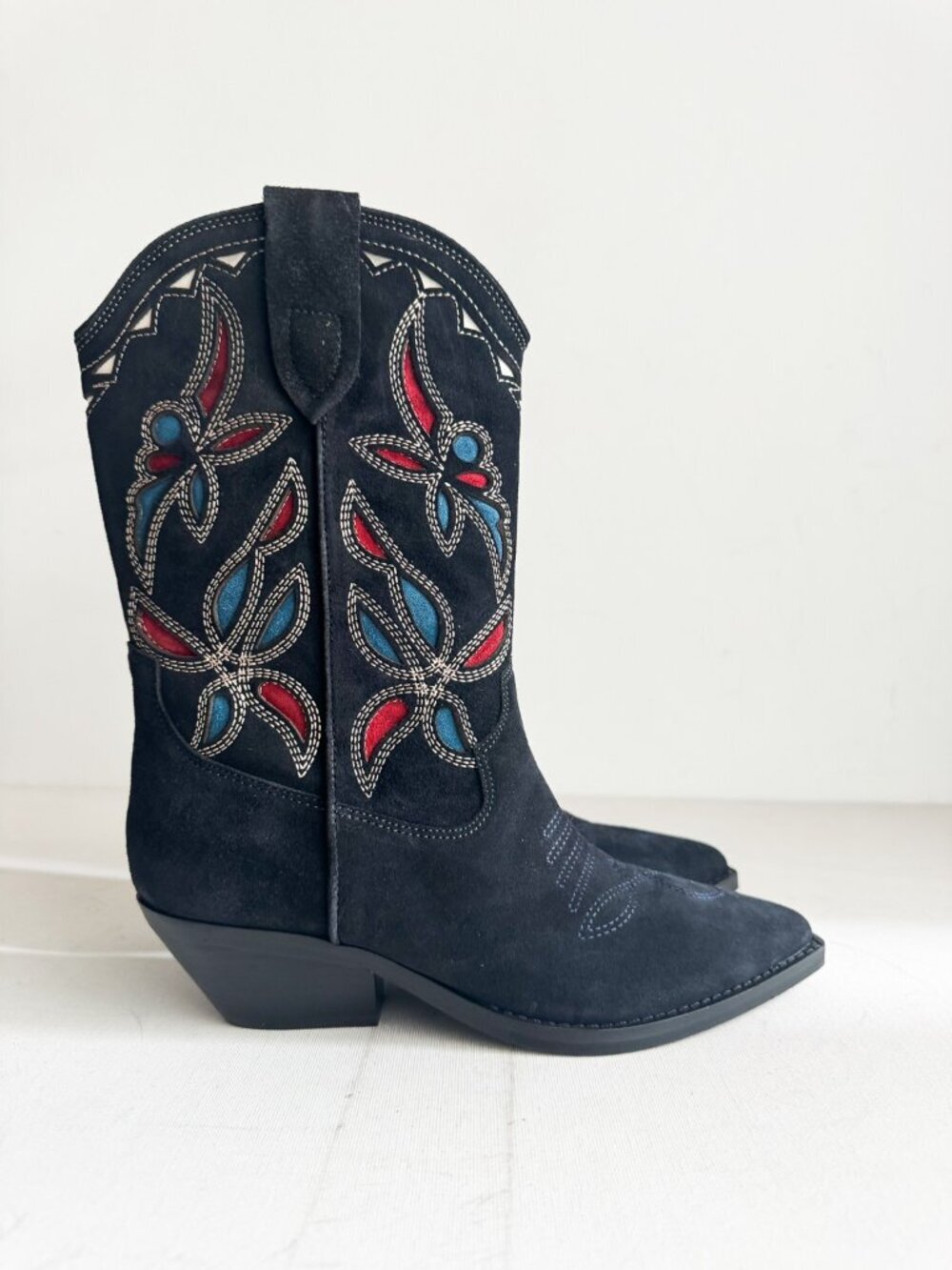 Marc Fisher Women's Trista Western Boot, Black Suede Multi 7M